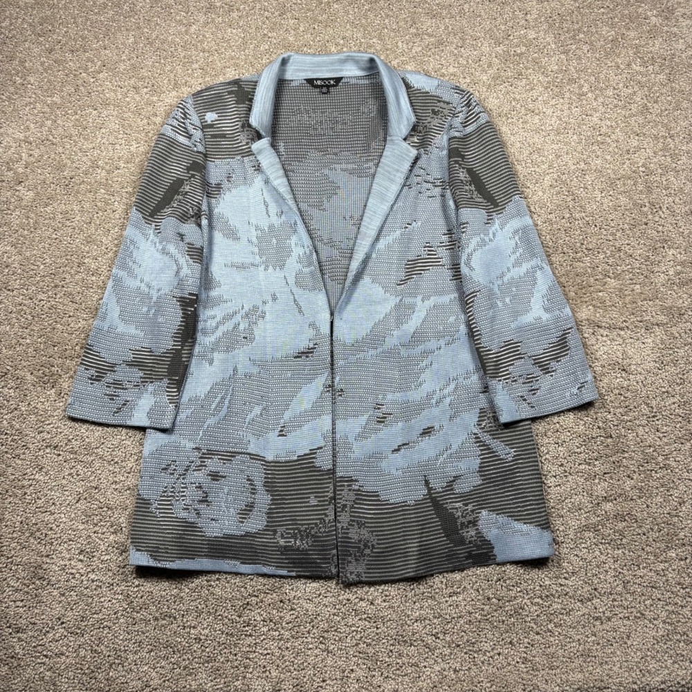 Misook Womens XS Blue Gray Abstract Floral Knit Blazer Open Cardigan Jacket